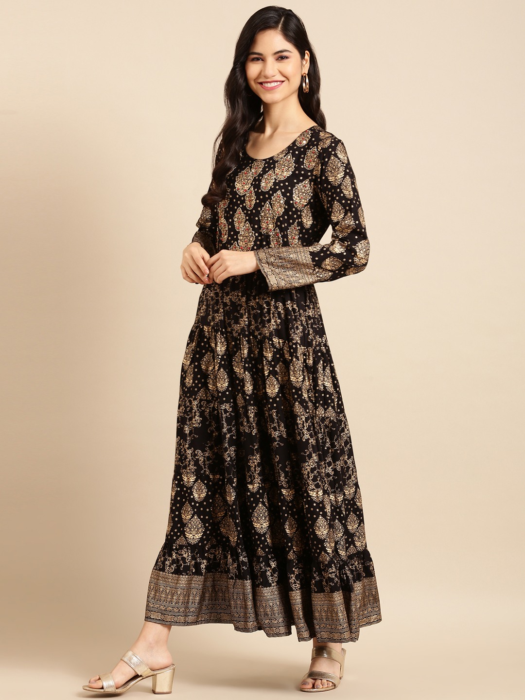 SHOWOFF Women Black Ethnic Motifs Round Neck Three-Quarter Sleeves Ankle Length A-Line Kurta