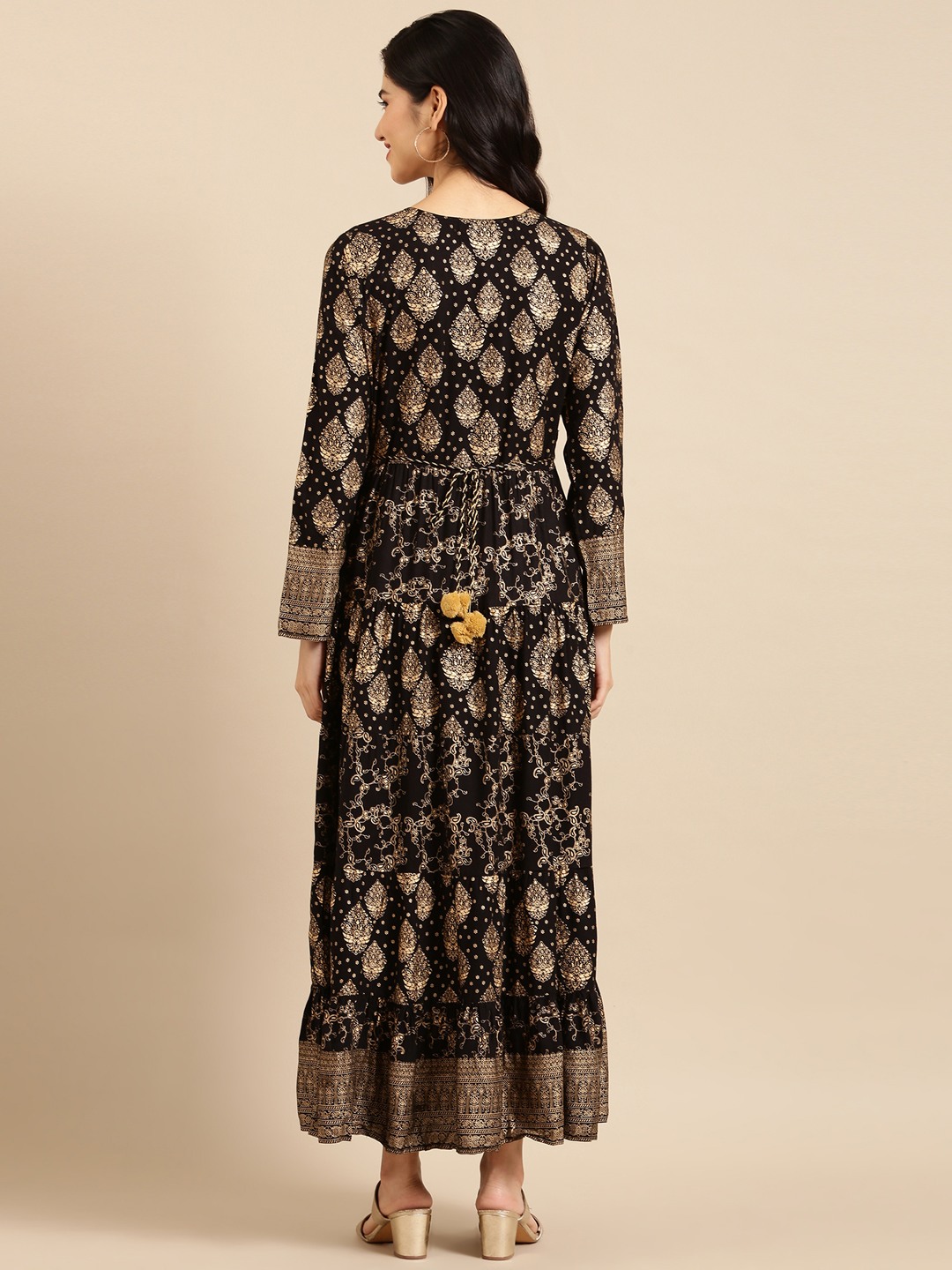 SHOWOFF Women Black Ethnic Motifs Round Neck Three-Quarter Sleeves Ankle Length A-Line Kurta