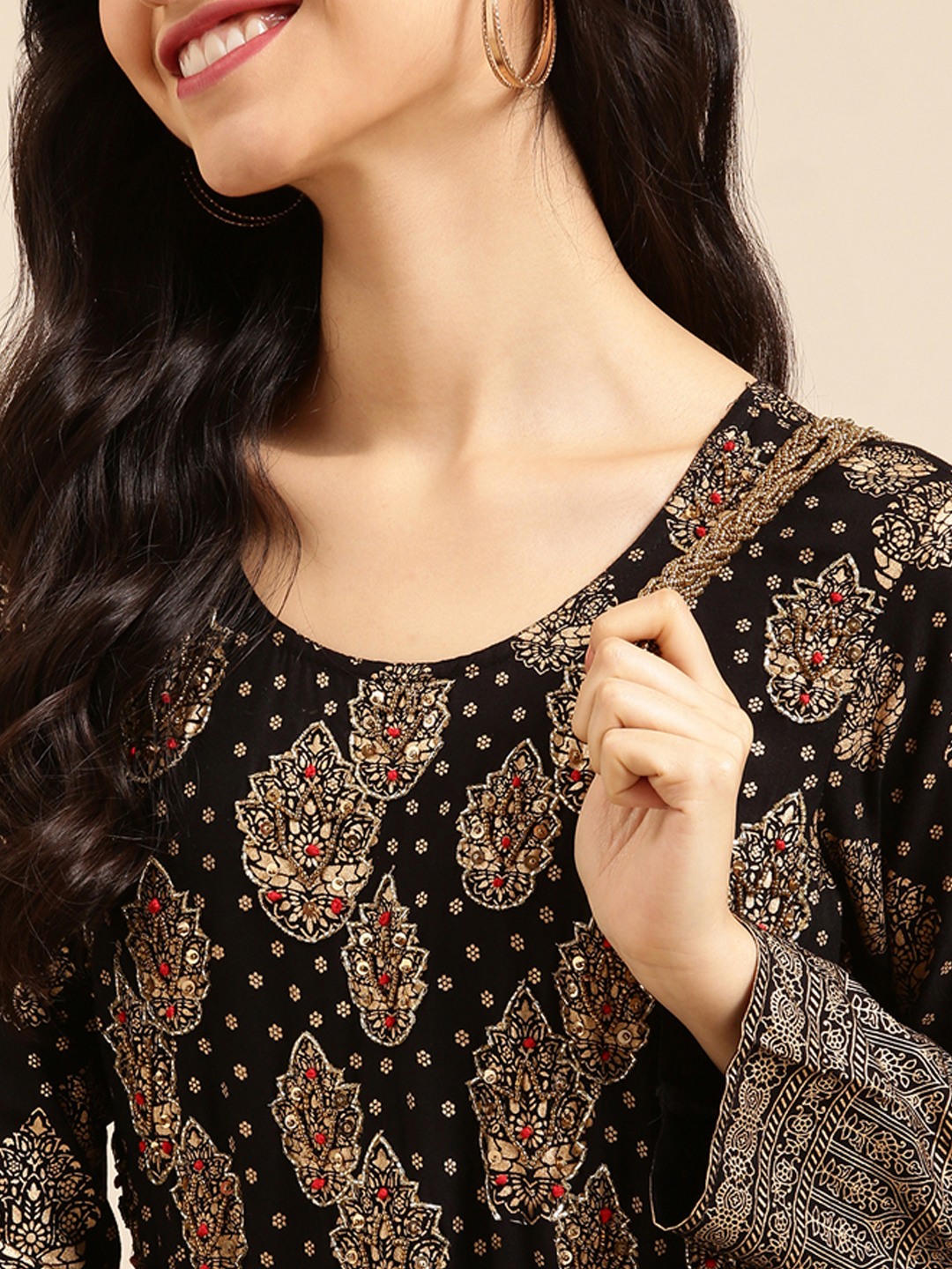 SHOWOFF Women Black Ethnic Motifs Round Neck Three-Quarter Sleeves Ankle Length A-Line Kurta