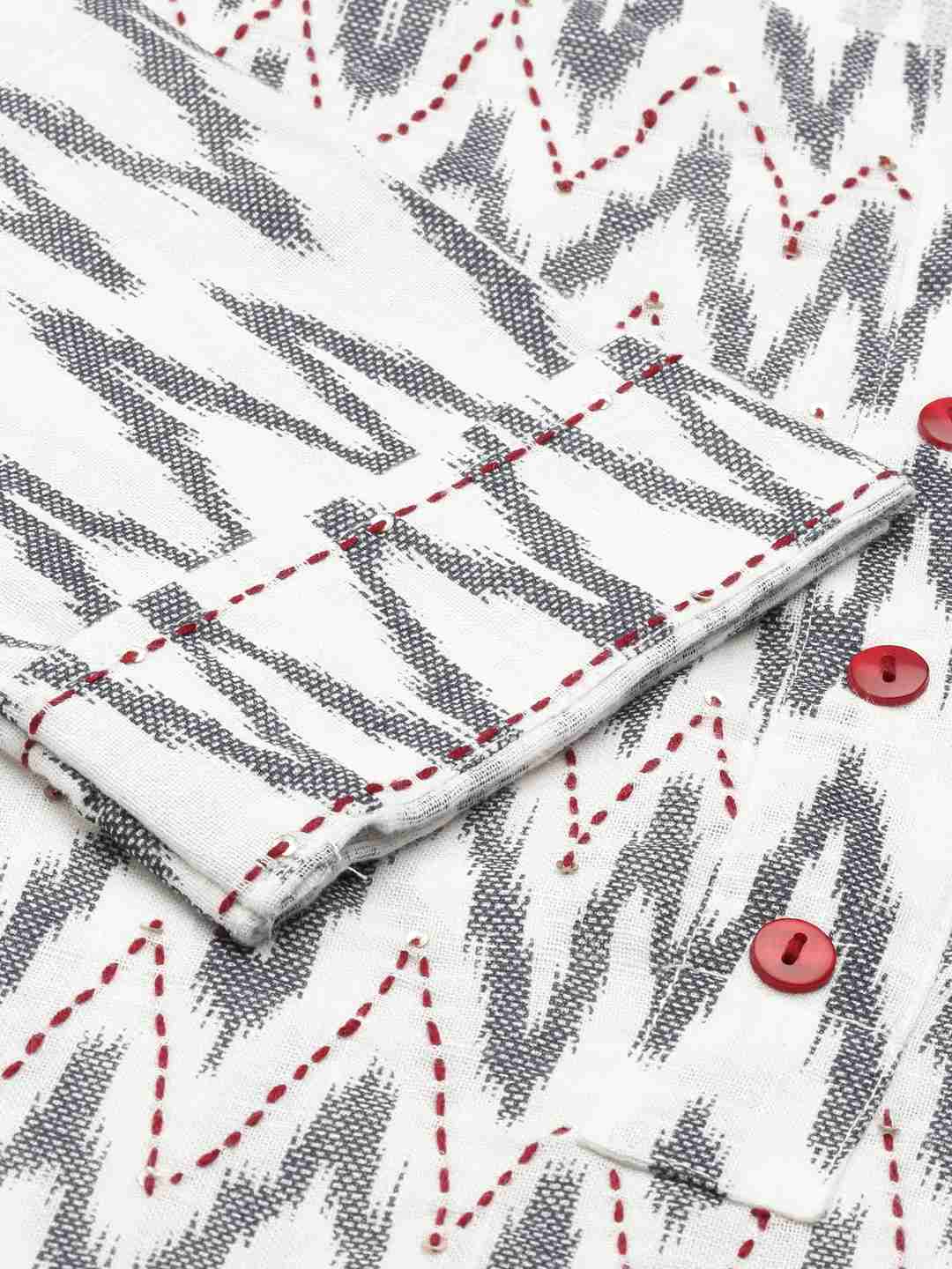SHOWOFF Women White Chevron Round Neck Three-Quarter Sleeves Mid Length A-Line Kurta