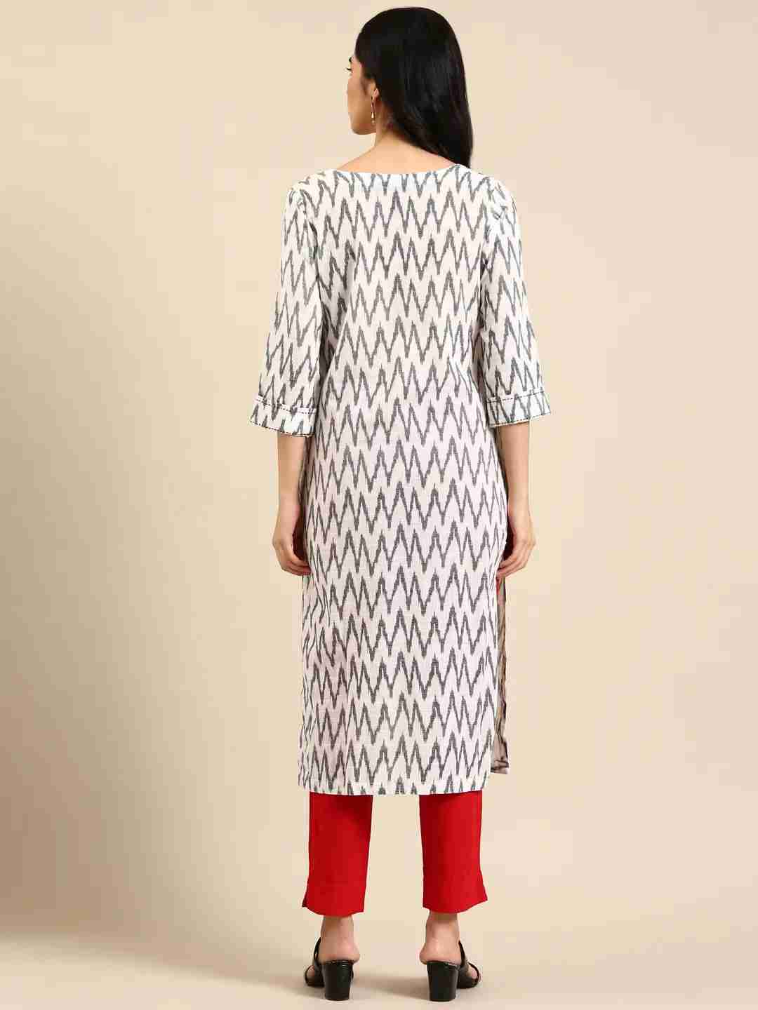 SHOWOFF Women White Chevron Round Neck Three-Quarter Sleeves Mid Length A-Line Kurta