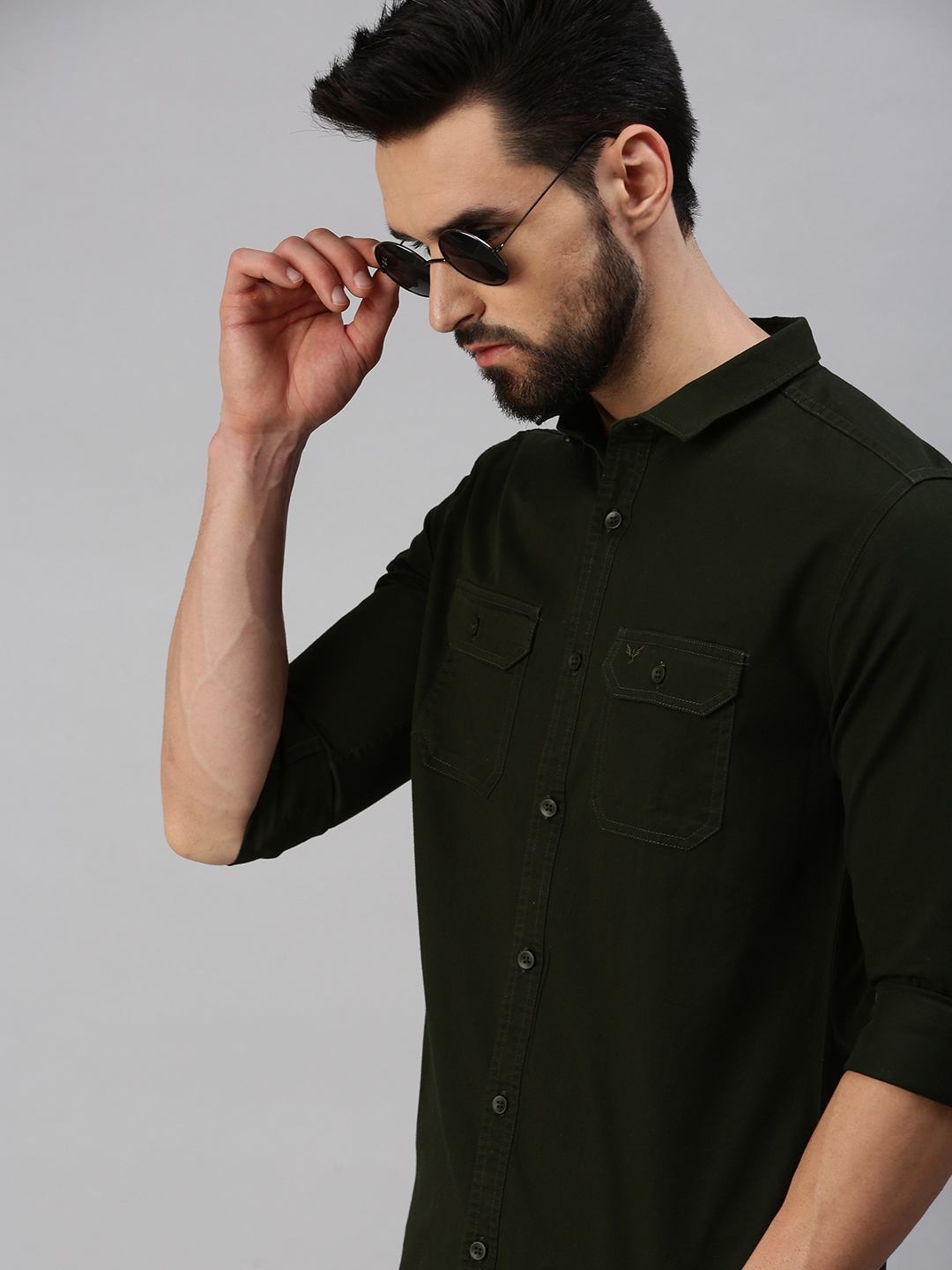 Showoff | SHOWOFF Men Olive Solid Slim Collar Full Sleeves Casual Shirt 0