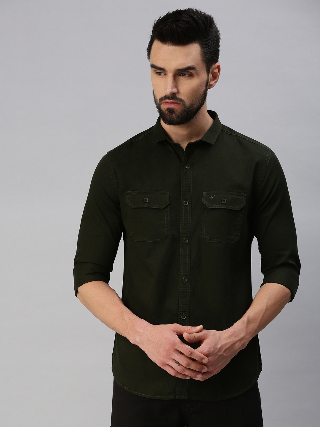 Showoff | SHOWOFF Men Olive Solid Slim Collar Full Sleeves Casual Shirt 1
