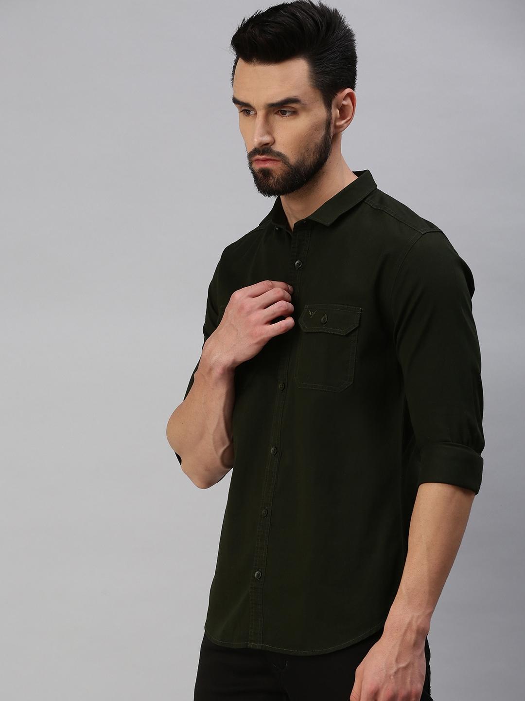 Showoff | SHOWOFF Men Olive Solid Slim Collar Full Sleeves Casual Shirt 2