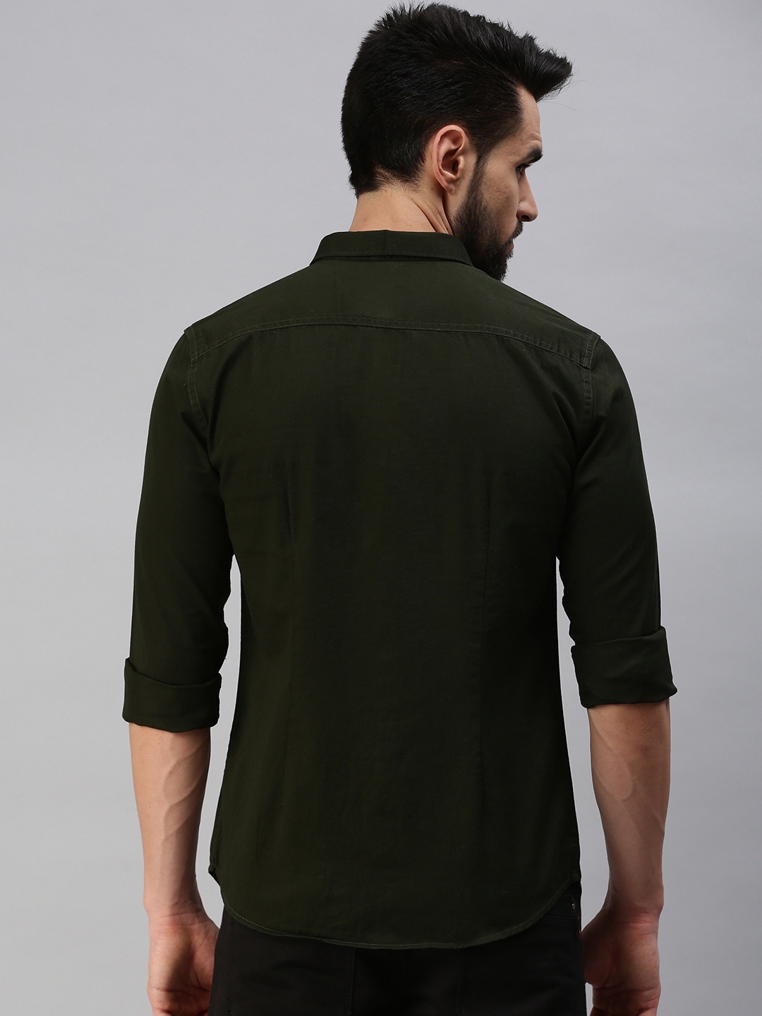 Showoff | SHOWOFF Men Olive Solid Slim Collar Full Sleeves Casual Shirt 3