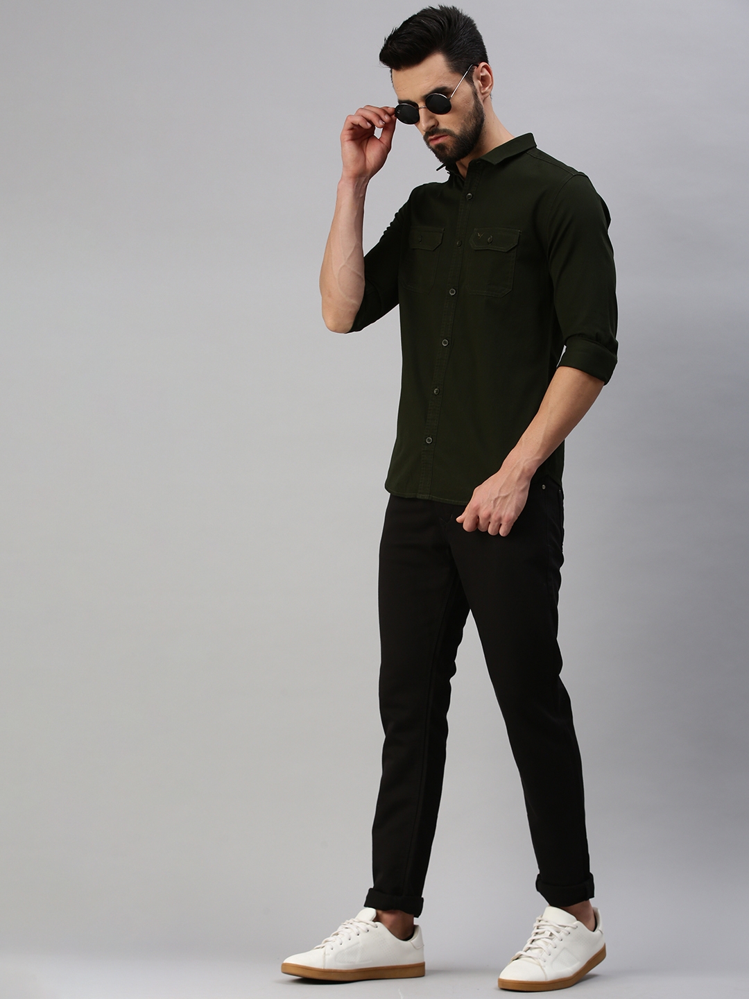 Showoff | SHOWOFF Men Olive Solid Slim Collar Full Sleeves Casual Shirt 4