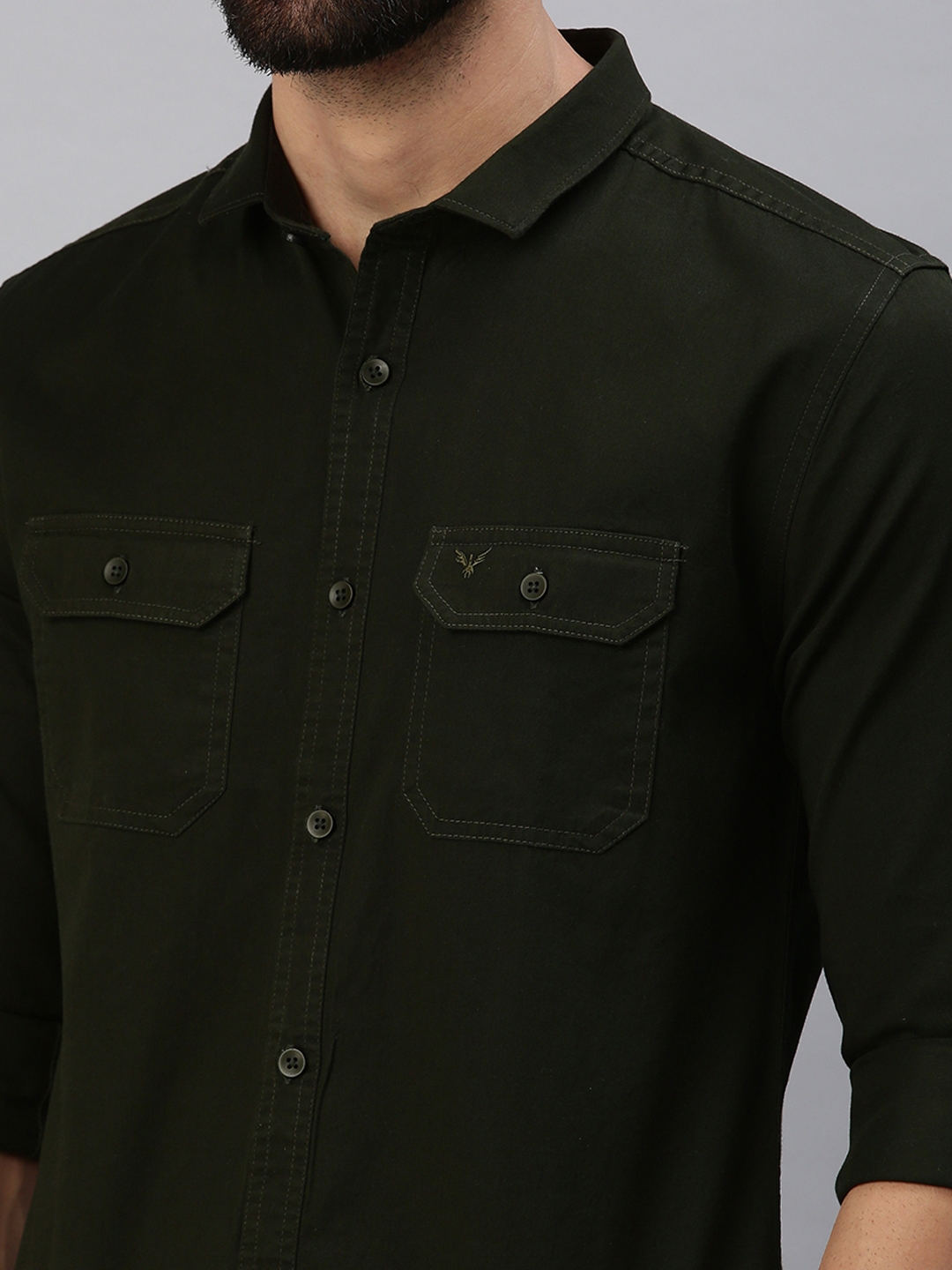Showoff | SHOWOFF Men Olive Solid Slim Collar Full Sleeves Casual Shirt 5