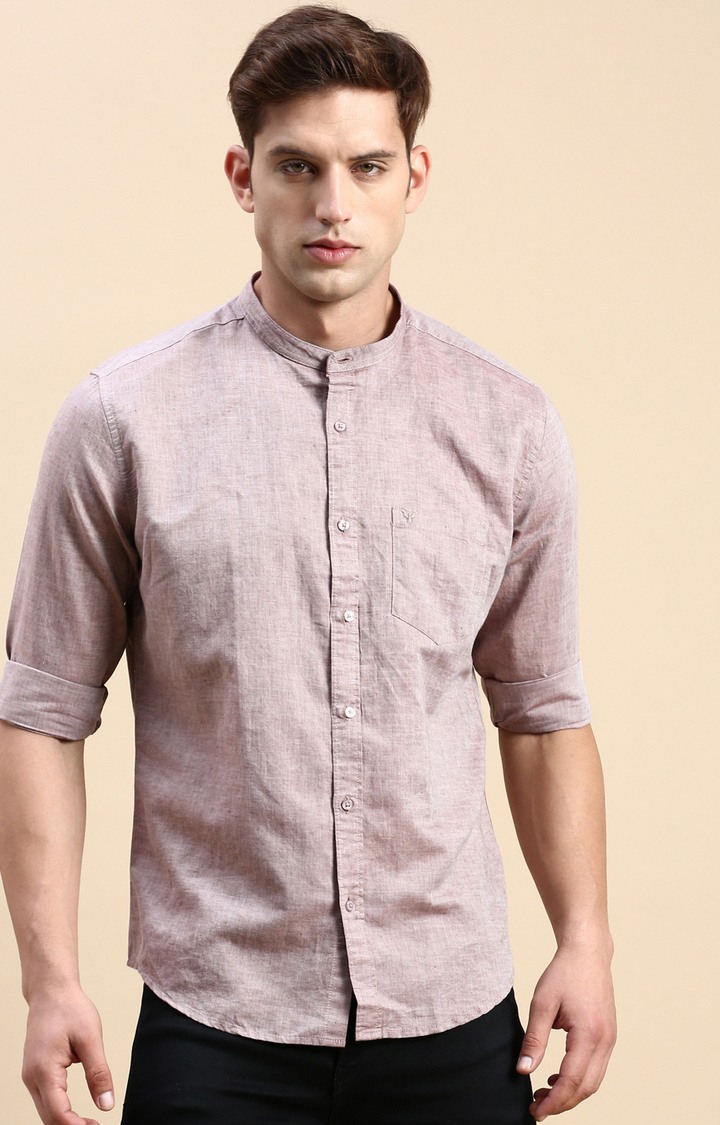 SHOWOFF Men's Mandarin Collar Taupe Slim Fit Solid Shirt