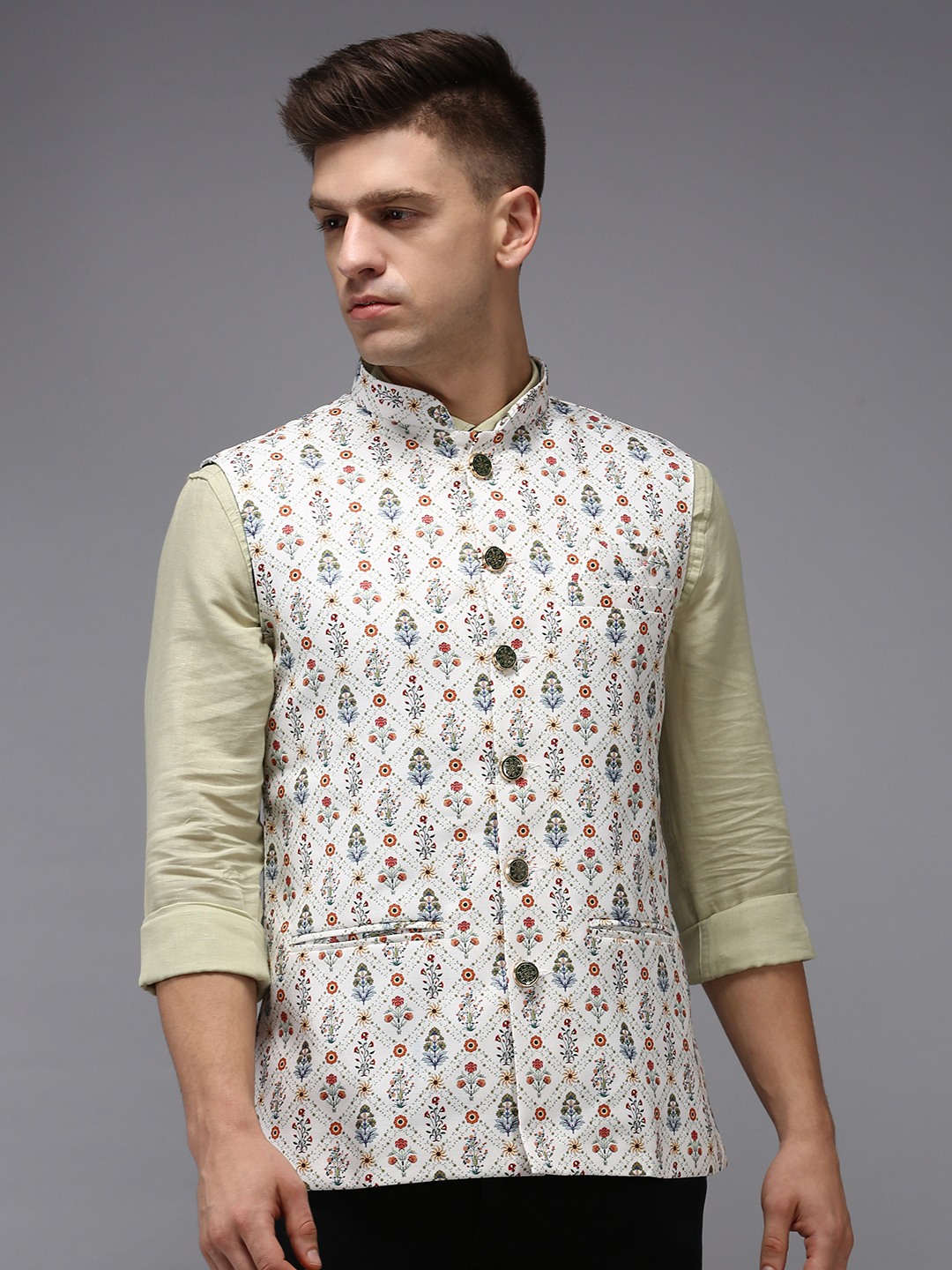 SHOWOFF Men Cream Printed Mandarin Collar Sleeveless Nehru Jacket