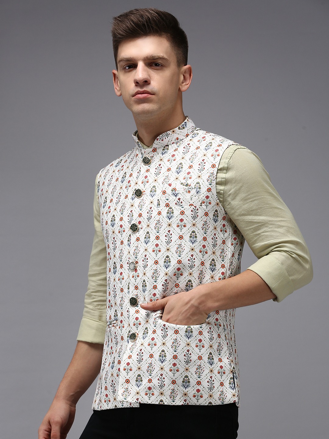 SHOWOFF Men Cream Printed Mandarin Collar Sleeveless Nehru Jacket