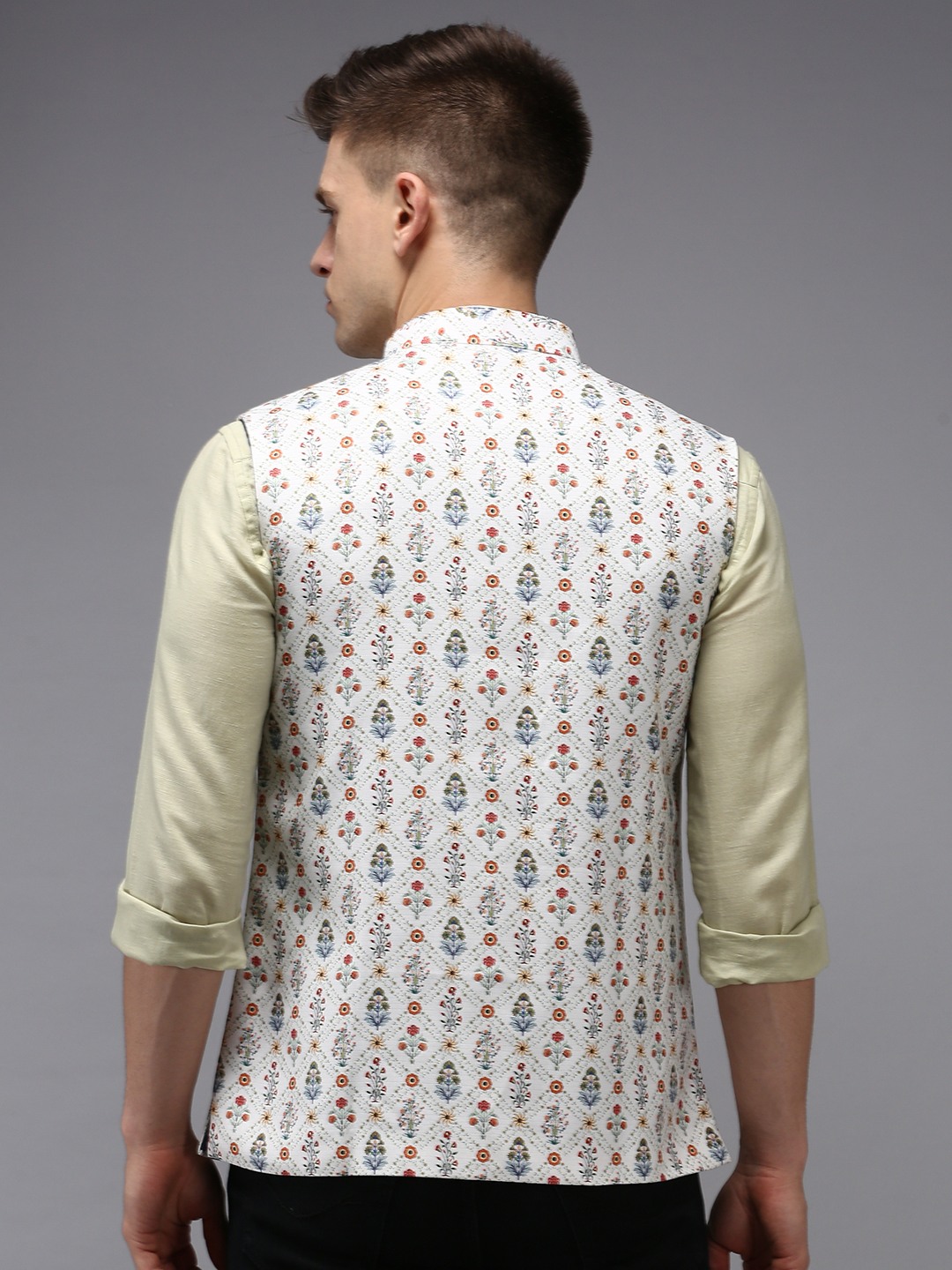 SHOWOFF Men Cream Printed Mandarin Collar Sleeveless Nehru Jacket