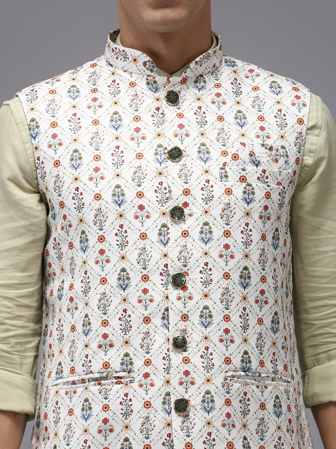 SHOWOFF Men Cream Printed Mandarin Collar Sleeveless Nehru Jacket