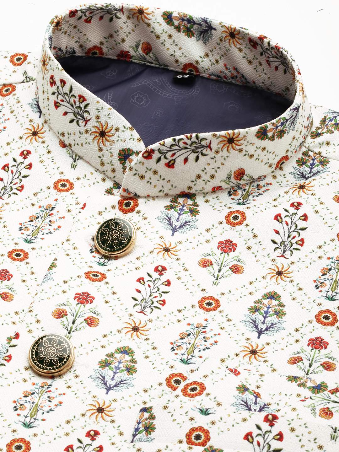 SHOWOFF Men Cream Printed Mandarin Collar Sleeveless Nehru Jacket