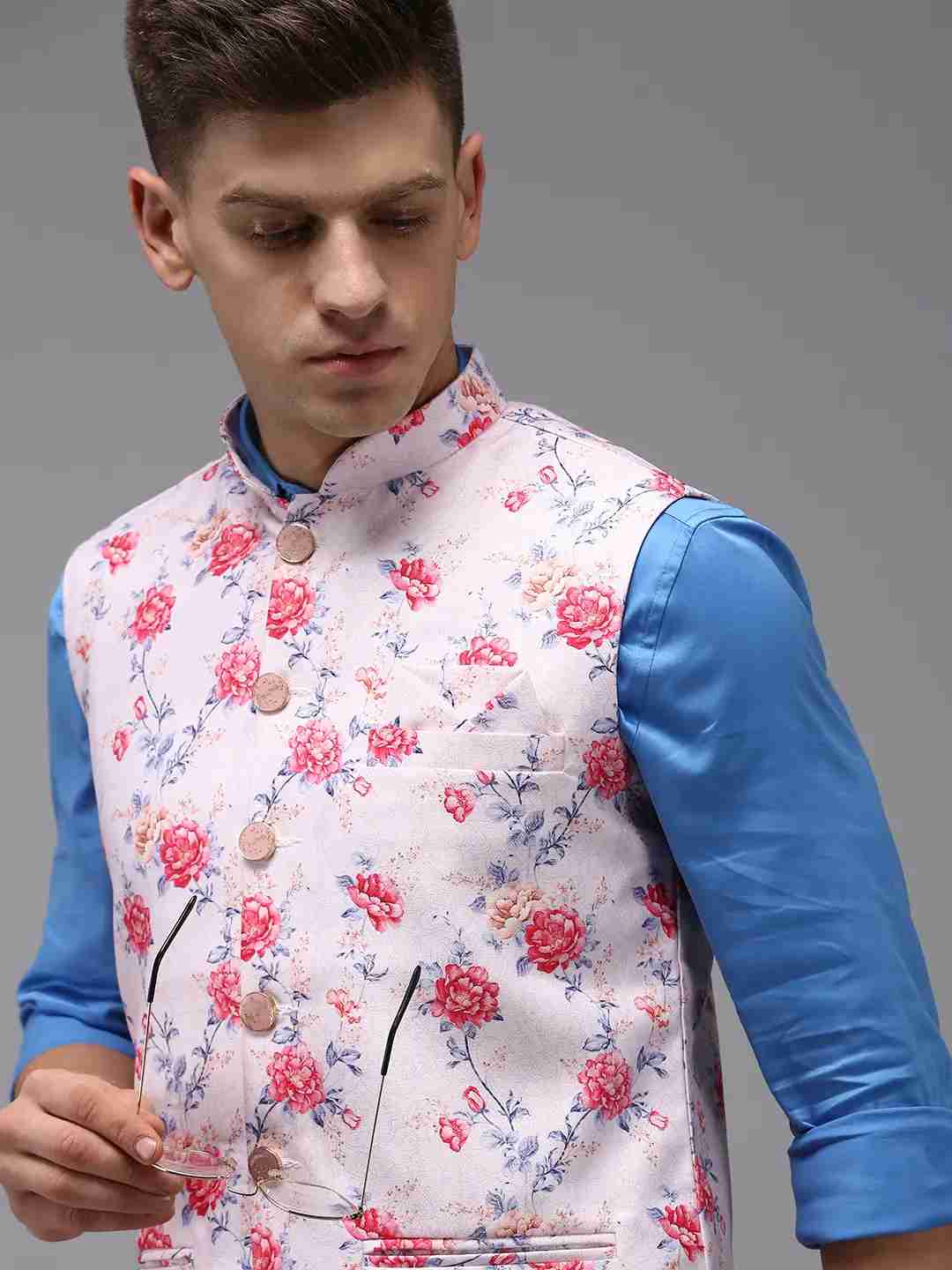 Showoff | SHOWOFF Men Pink Printed Mandarin Collar Sleeveless Nehru Jacket 0