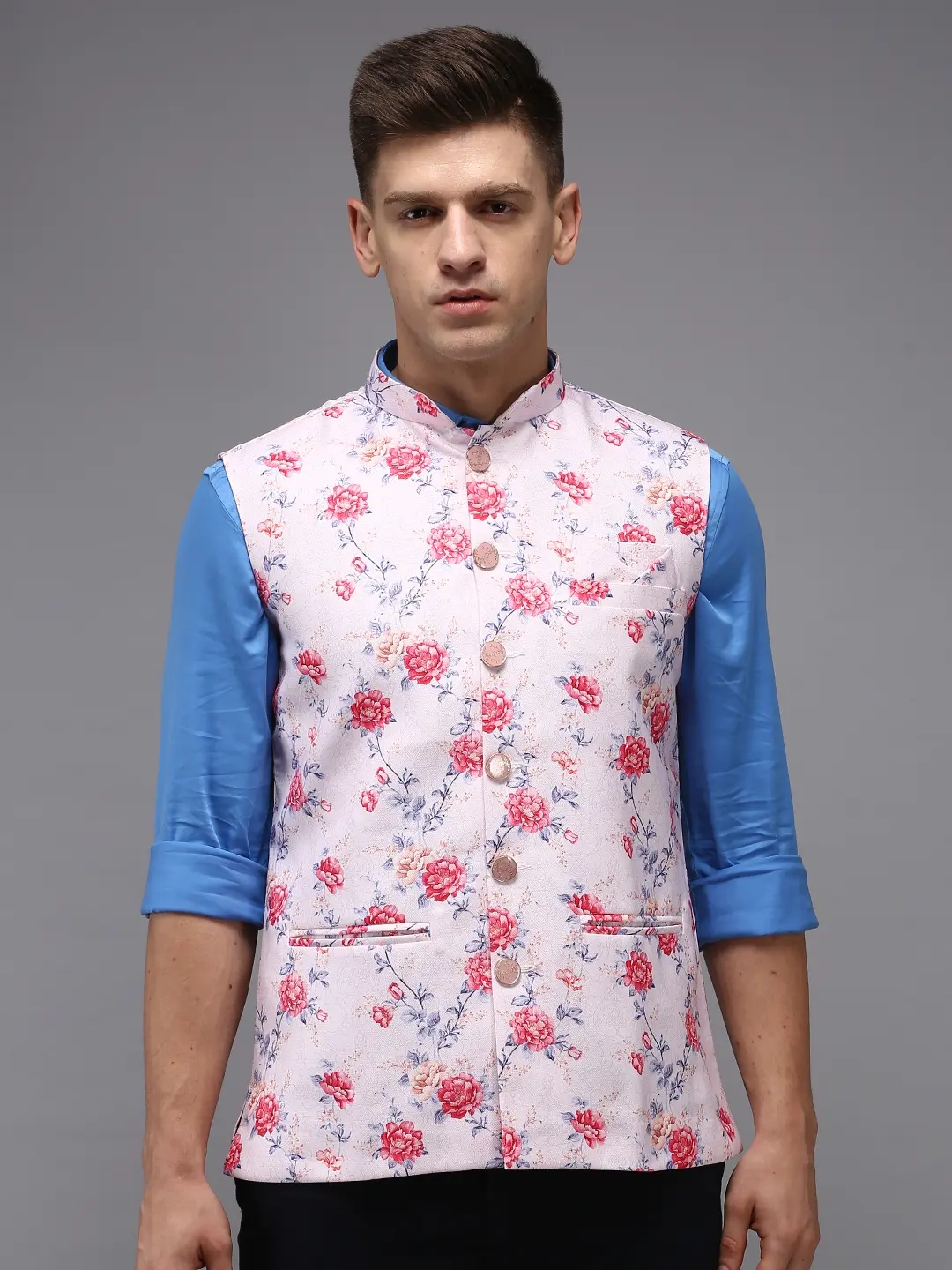 Showoff | SHOWOFF Men Pink Printed Mandarin Collar Sleeveless Nehru Jacket 1