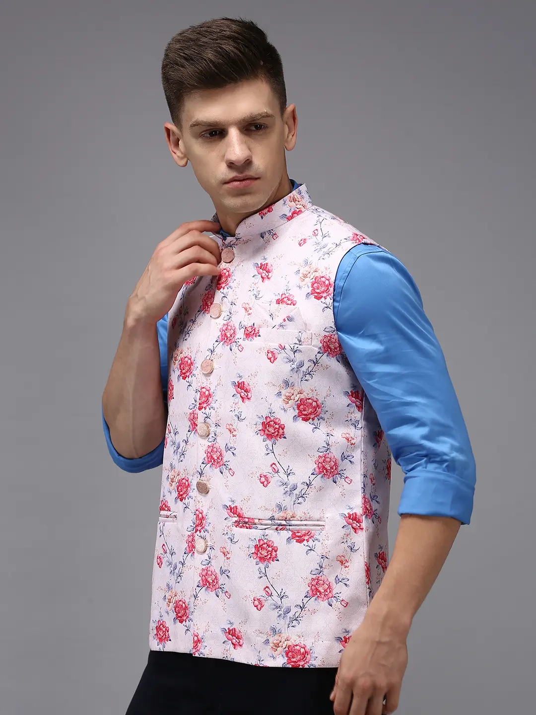 Showoff | SHOWOFF Men Pink Printed Mandarin Collar Sleeveless Nehru Jacket 2