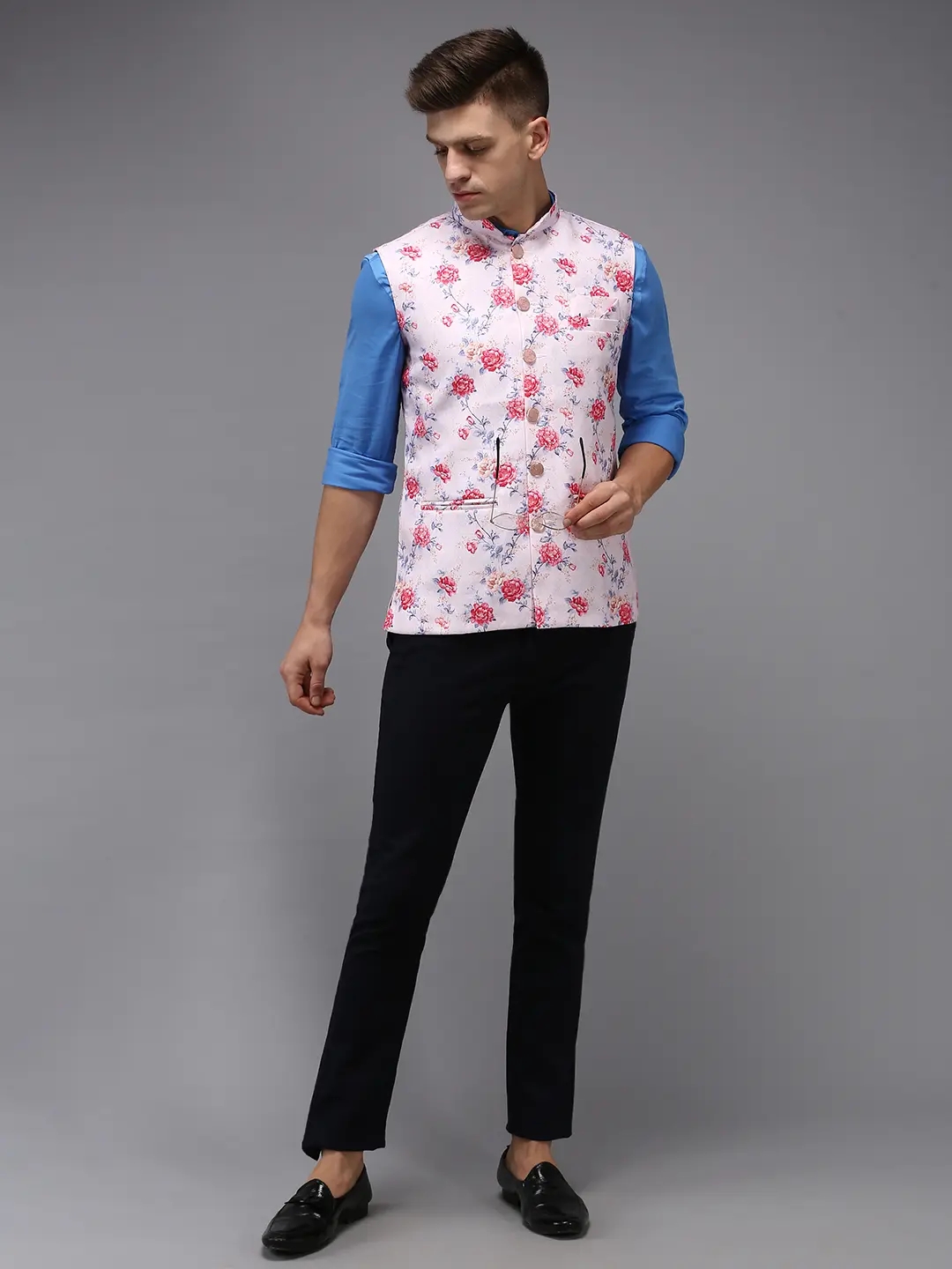 Showoff | SHOWOFF Men Pink Printed Mandarin Collar Sleeveless Nehru Jacket 4