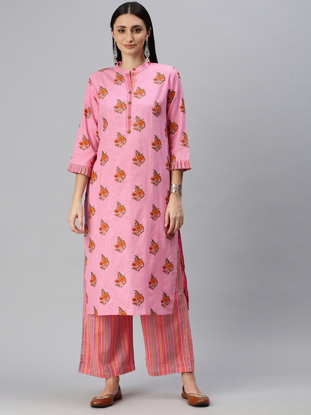 Showoff | SHOWOFF Women Pink Floral Mandarin Collar Three-Quarter Sleeves Mid Length Straight Kurta Set 1