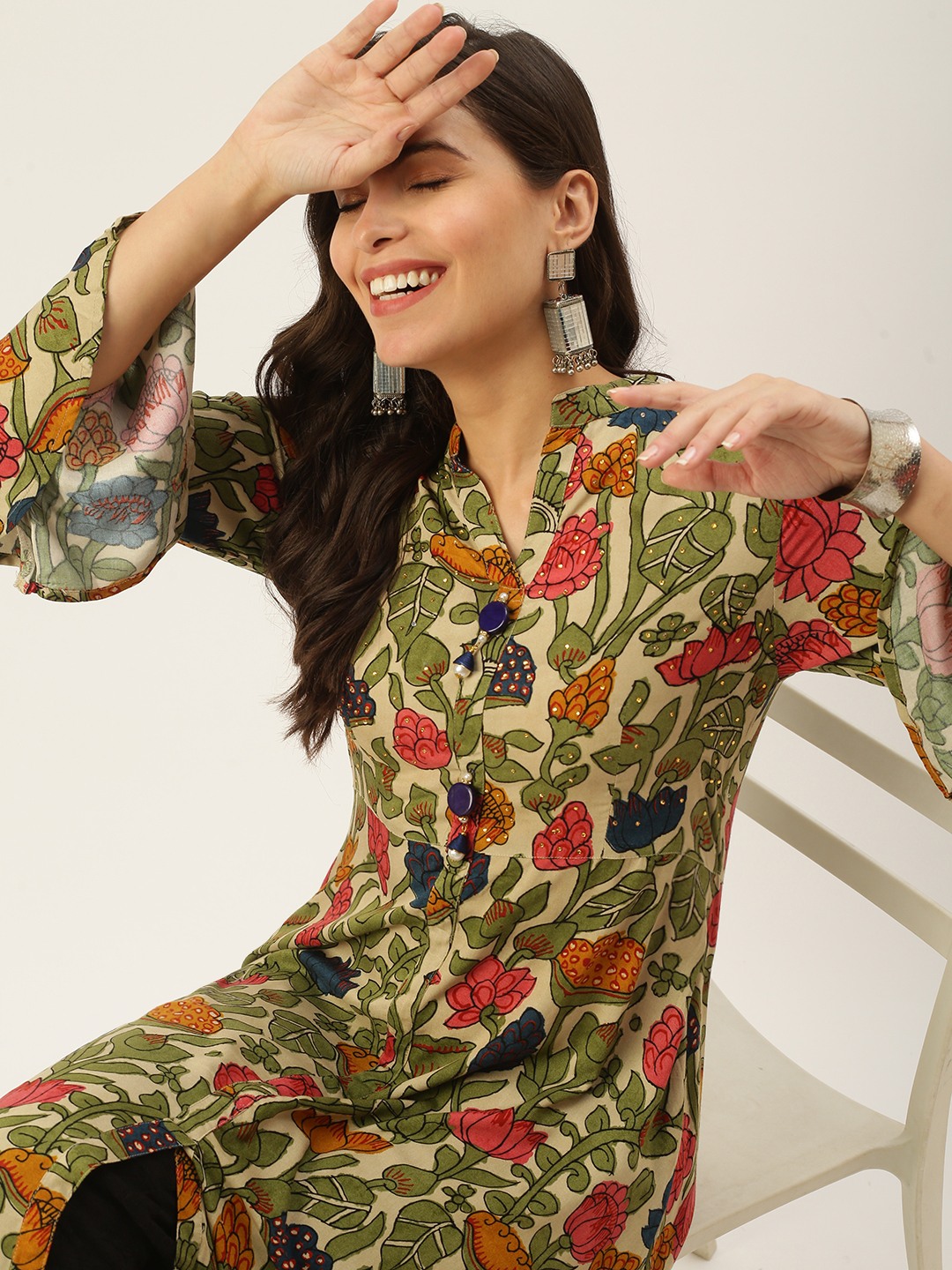 SHOWOFF Women Beige Floral Mandarin Collar Full Sleeves Ankle Length A-Line Kurta