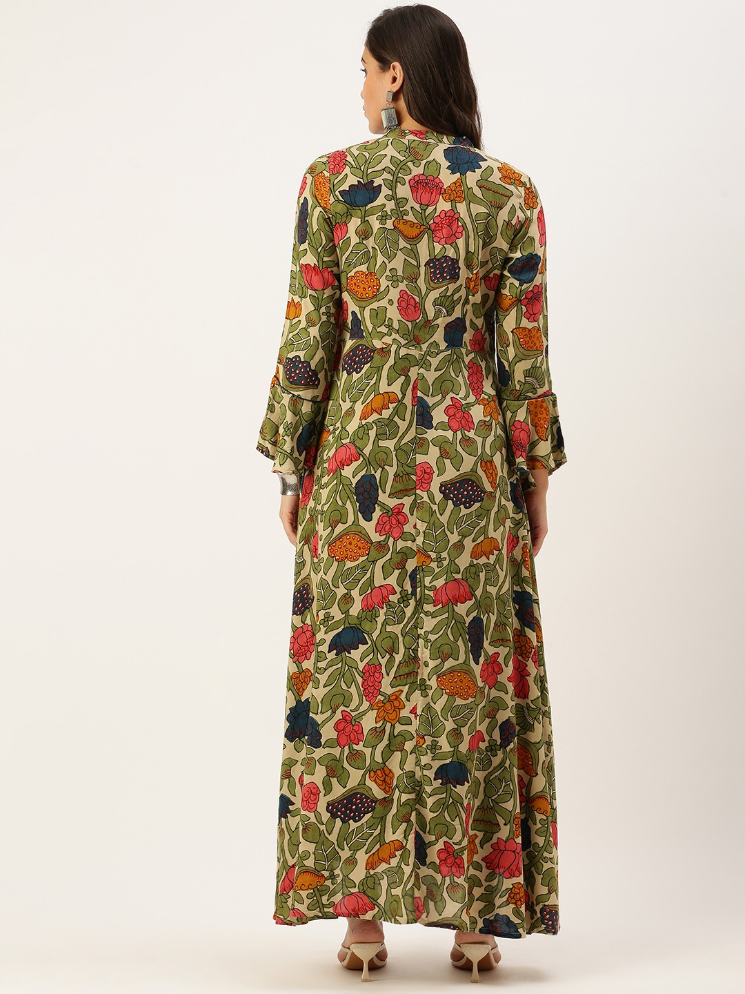 SHOWOFF Women Beige Floral Mandarin Collar Full Sleeves Ankle Length A-Line Kurta