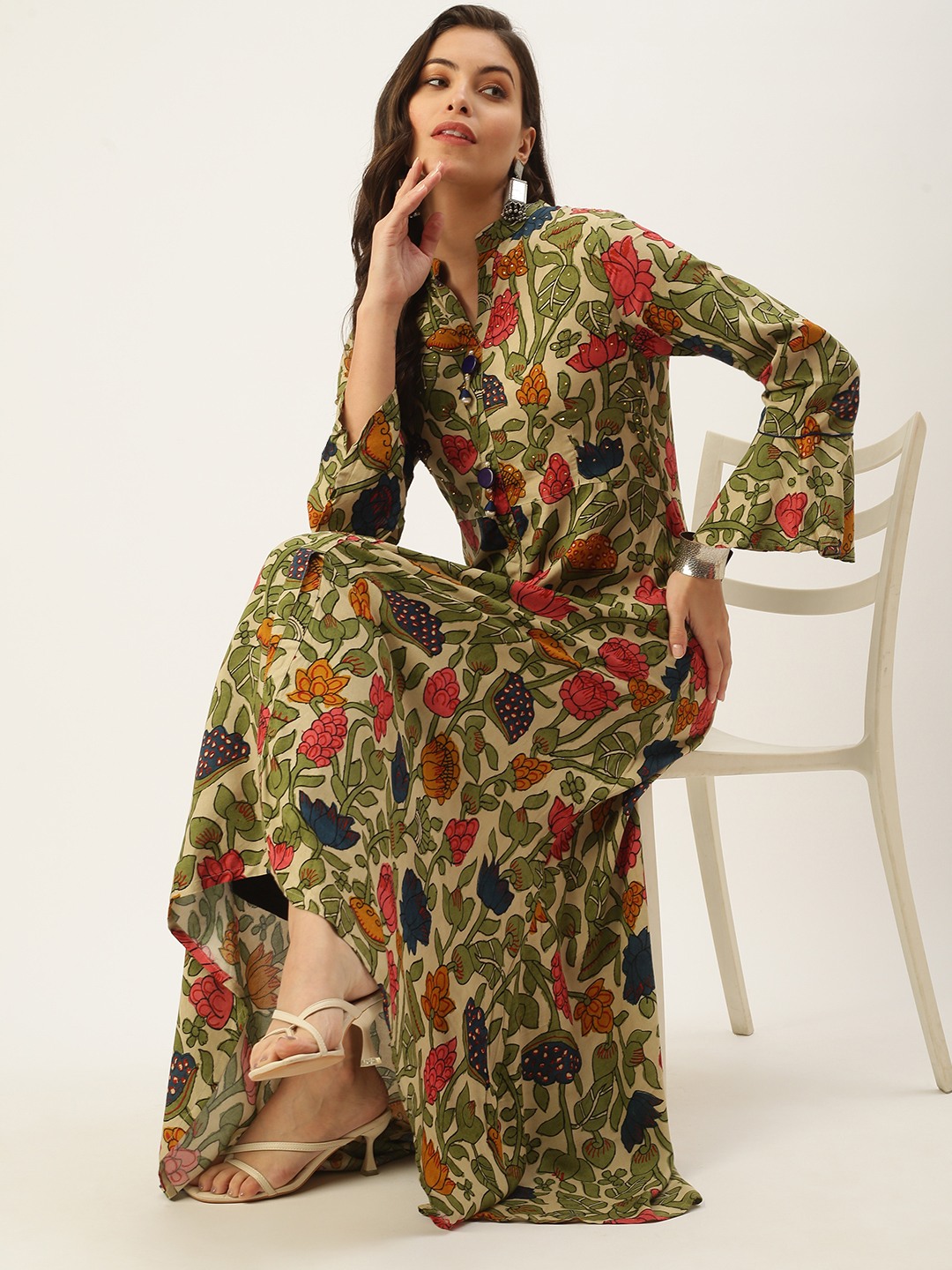 SHOWOFF Women Beige Floral Mandarin Collar Full Sleeves Ankle Length A-Line Kurta