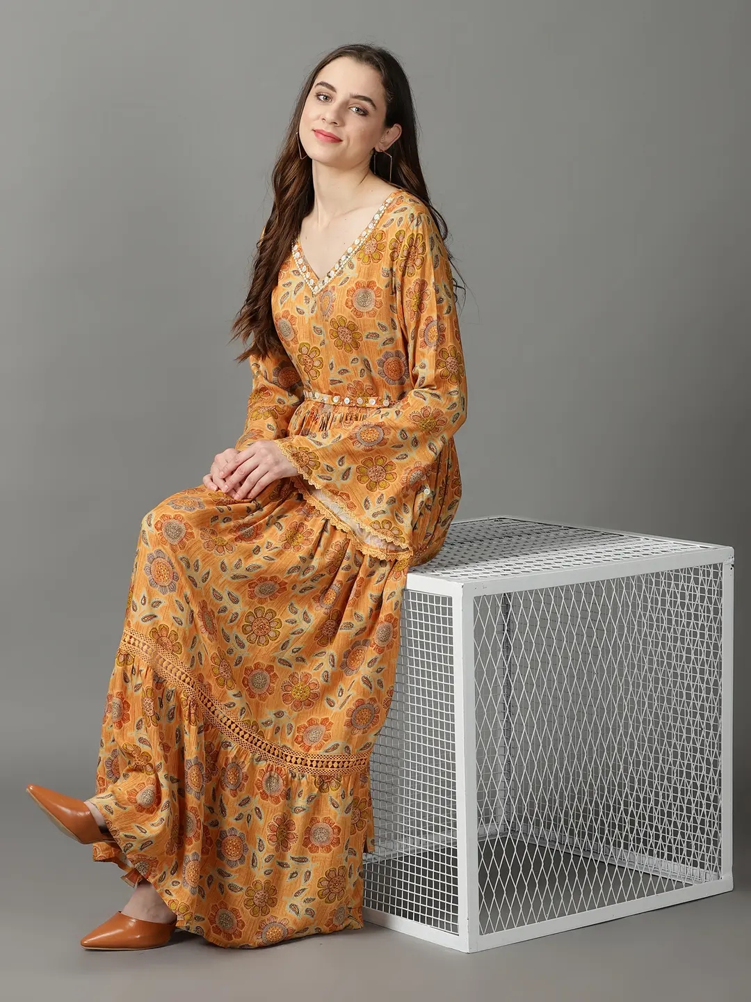 Showoff | SHOWOFF Women Mustard Printed V Neck Full Sleeves Maxi Dress 4