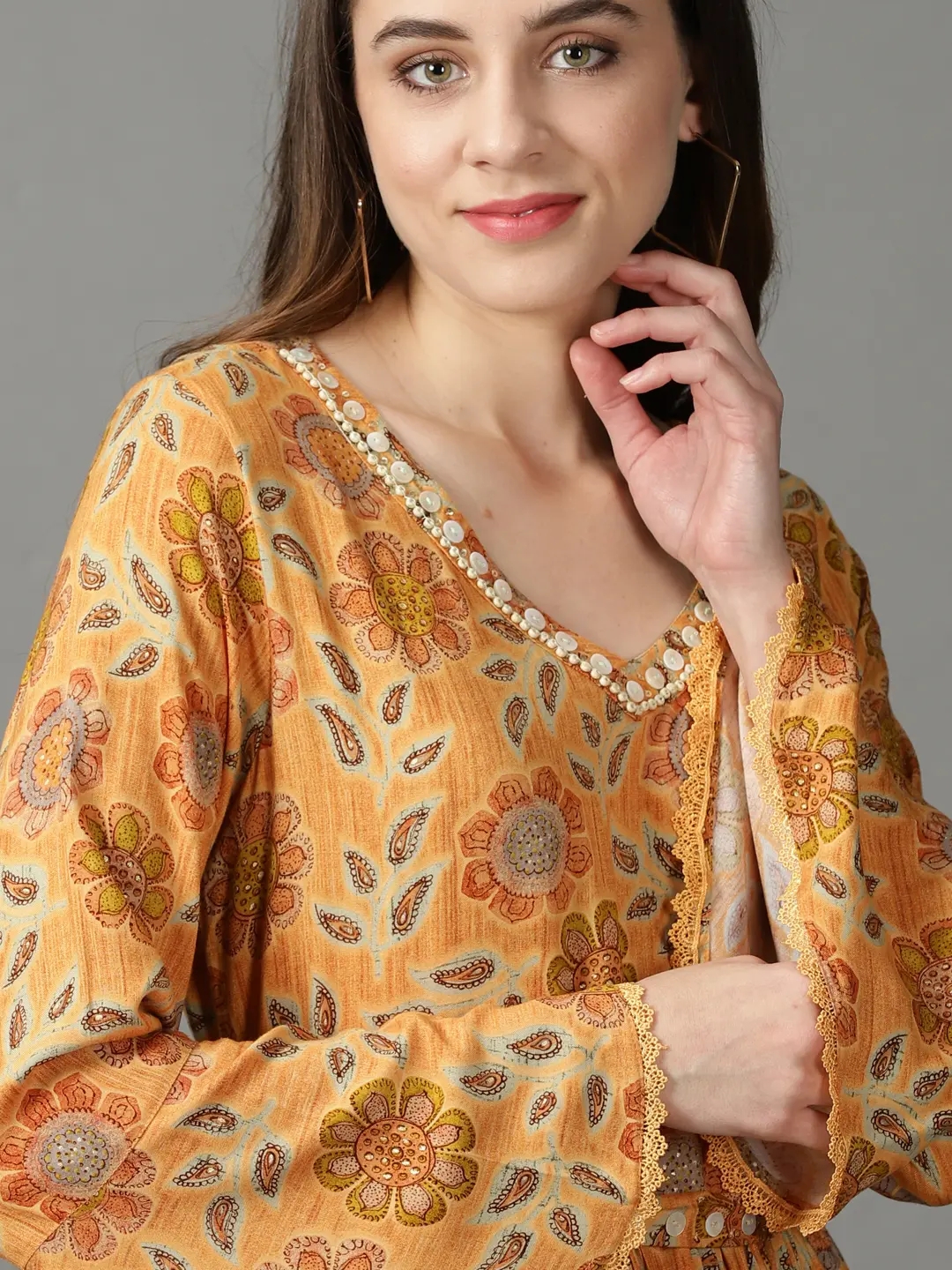 Showoff | SHOWOFF Women Mustard Printed V Neck Full Sleeves Maxi Dress 5
