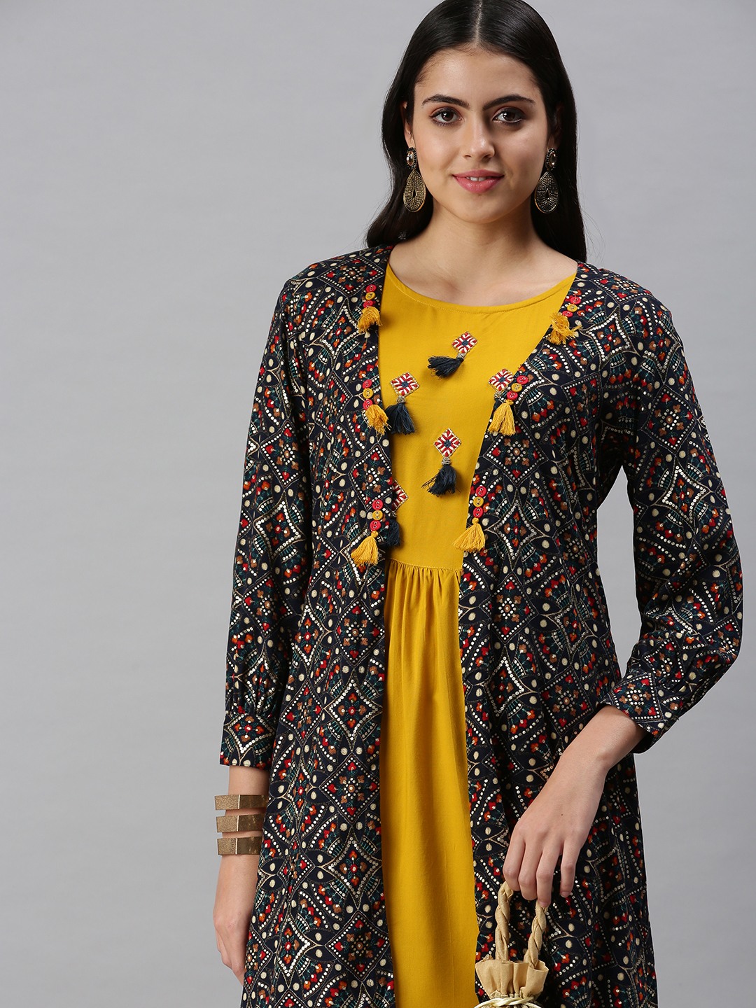 SHOWOFF Women Yellow Ethnic Motifs Round Neck Three-Quarter Sleeves Mid Length Anarkali Kurta