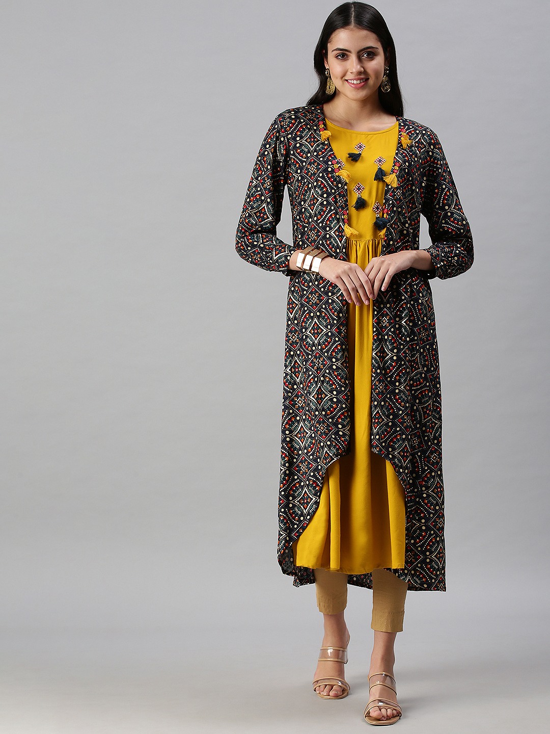 SHOWOFF Women Yellow Ethnic Motifs Round Neck Three-Quarter Sleeves Mid Length Anarkali Kurta