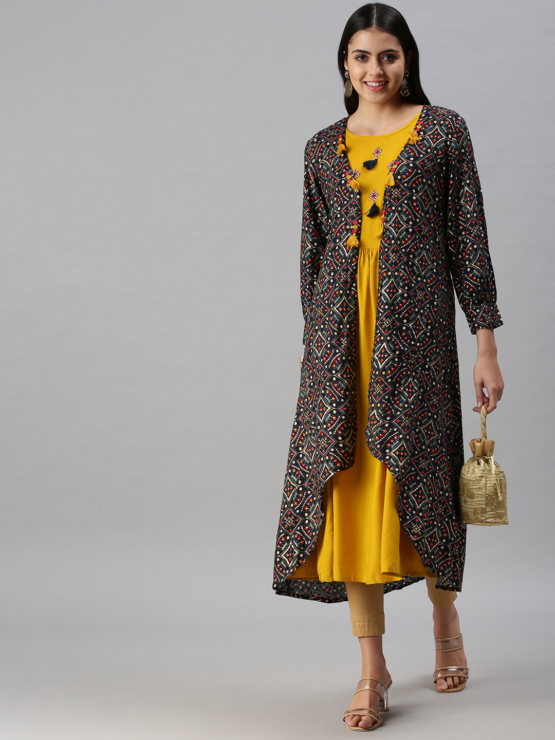 SHOWOFF Women Yellow Ethnic Motifs Round Neck Three-Quarter Sleeves Mid Length Anarkali Kurta
