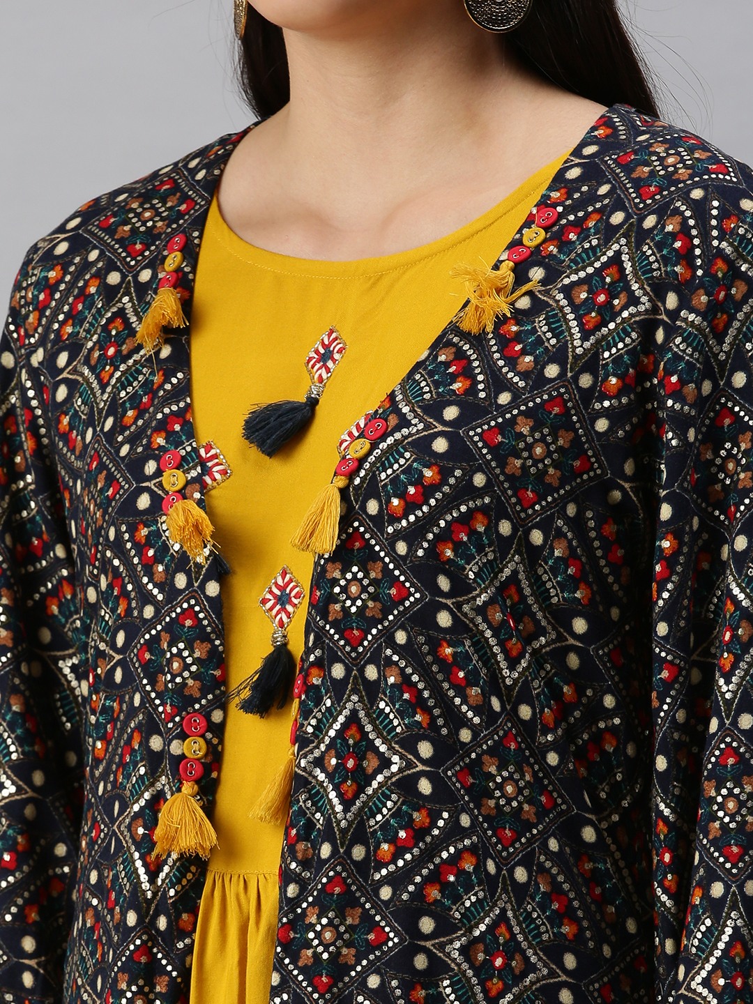 SHOWOFF Women Yellow Ethnic Motifs Round Neck Three-Quarter Sleeves Mid Length Anarkali Kurta