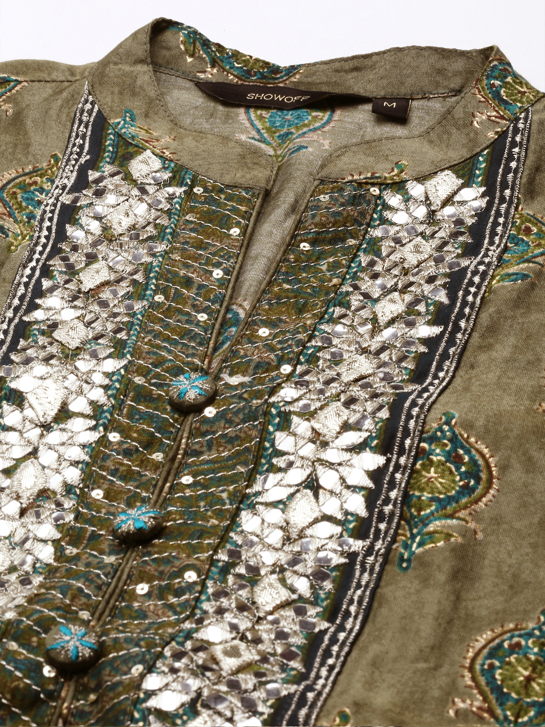 SHOWOFF Women Olive Printed Mandarin Collar Three-Quarter Sleeves Mid Length Straight Kurta Set