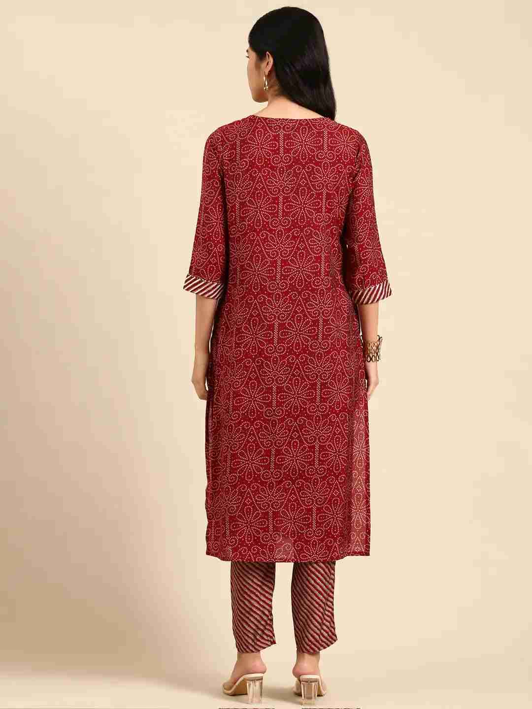 SHOWOFF Women Maroon Printed  Scoop Neck Three-Quarter Sleeves Mid Length Straight Kurta Set