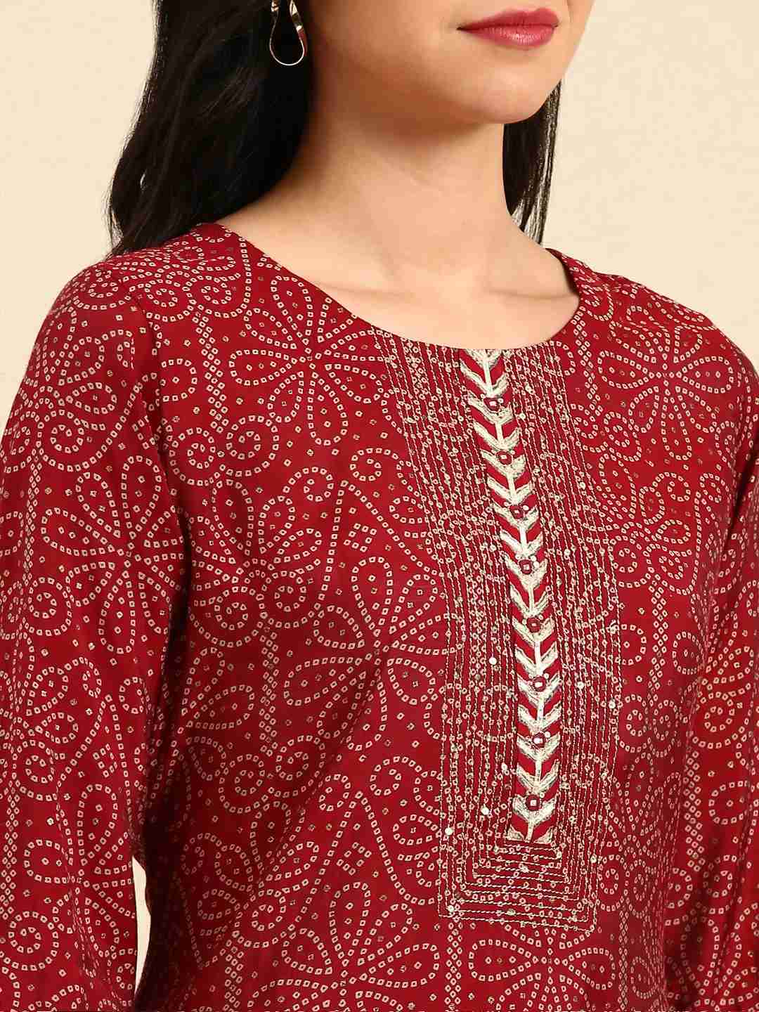 Showoff | SHOWOFF Women Maroon Printed  Scoop Neck Three-Quarter Sleeves Mid Length Straight Kurta Set 6