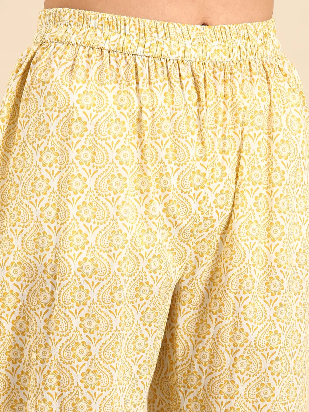 Showoff | SHOWOFF Women Mustard Printed Round Neck Three-Quarter Sleeves Mid Length Straight Kurta Set 7