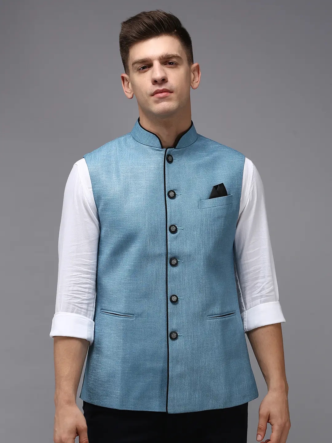 Showoff | SHOWOFF Men Blue Solid Mandarin Collar Sleeveless Nehru Jacket 1