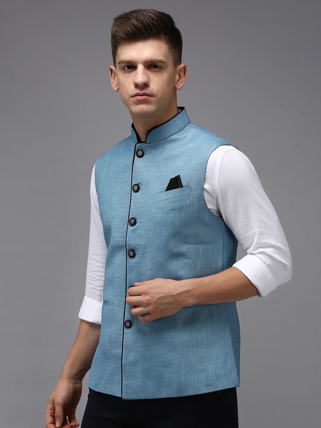 Showoff | SHOWOFF Men Blue Solid Mandarin Collar Sleeveless Nehru Jacket 2