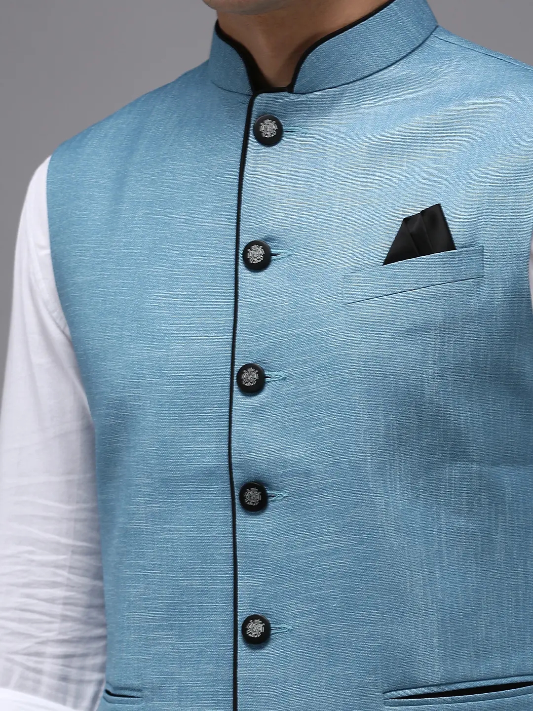 Showoff | SHOWOFF Men Blue Solid Mandarin Collar Sleeveless Nehru Jacket 5