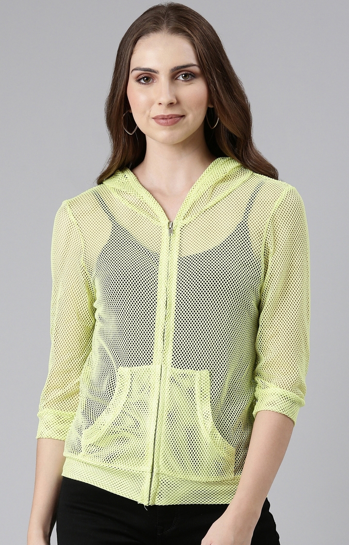 SHOWOFF Women's Regular Solid Hooded Open Front Fluorescent Green Jacket