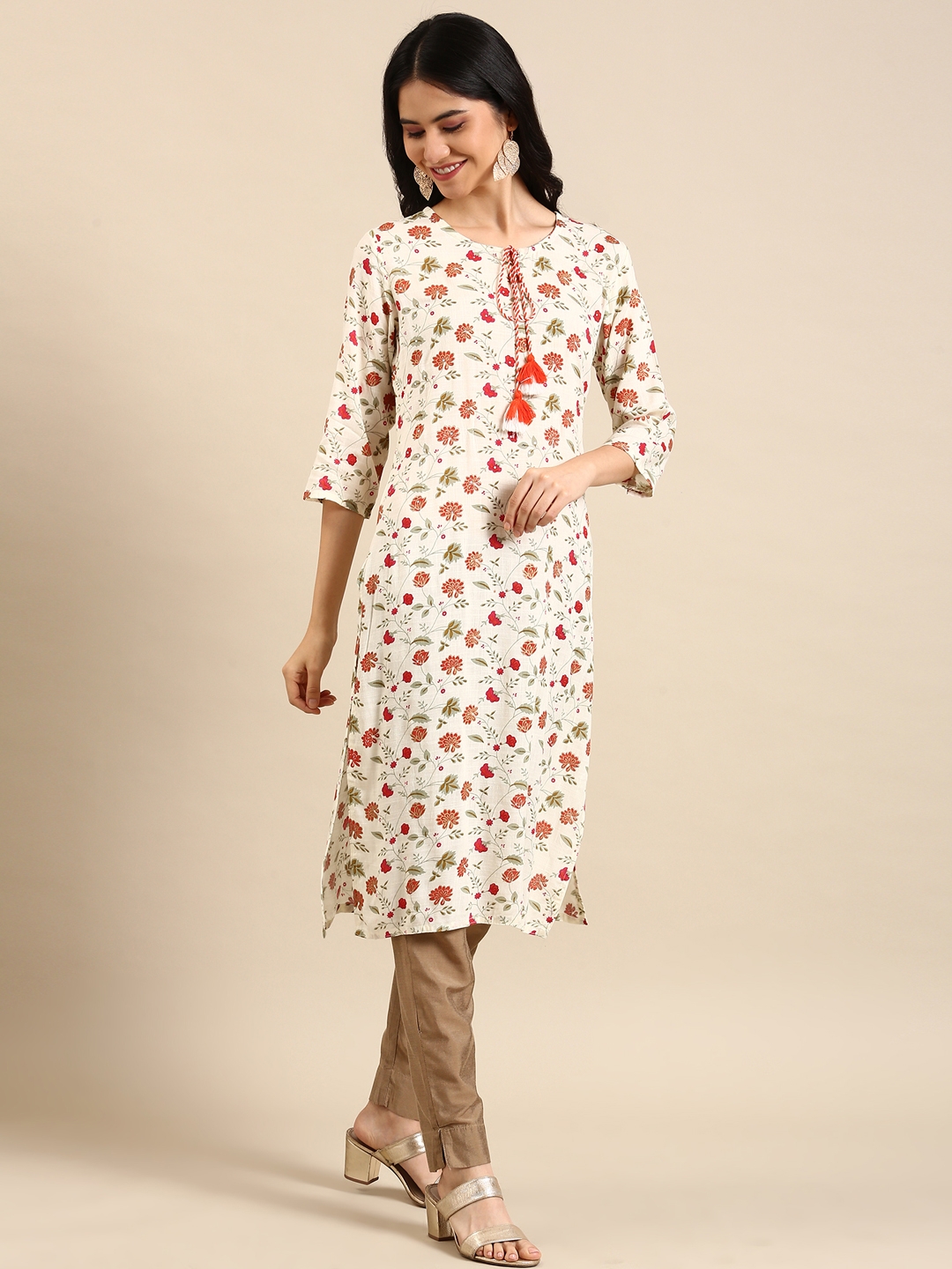 SHOWOFF Women Cream Floral Round Neck Three-Quarter Sleeves Mid Length Straight Kurta