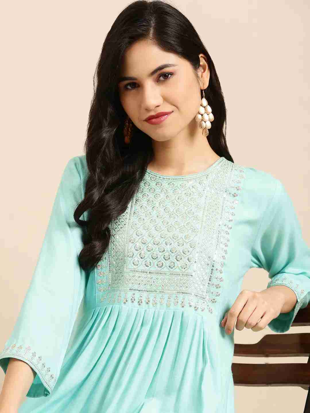 Showoff | SHOWOFF Women Blue Solid Round Neck Three-Quarter Sleeves Straight Kurti 0