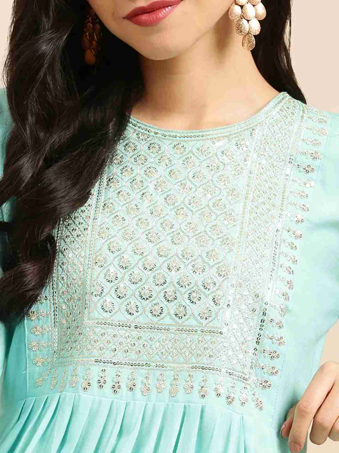 Showoff | SHOWOFF Women Blue Solid Round Neck Three-Quarter Sleeves Straight Kurti 6