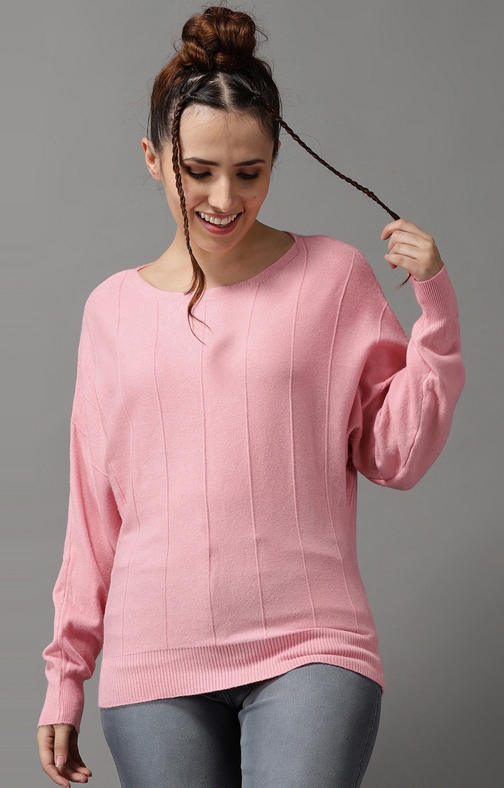 Showoff | SHOWOFF Women Pink Solid Hooded Full Sleeves Pullover Sweater 0