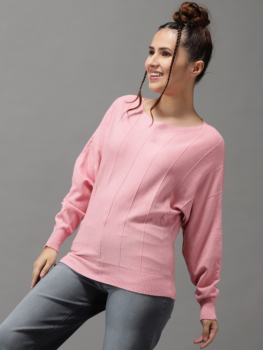 Showoff | SHOWOFF Women Pink Solid Hooded Full Sleeves Pullover Sweater 1