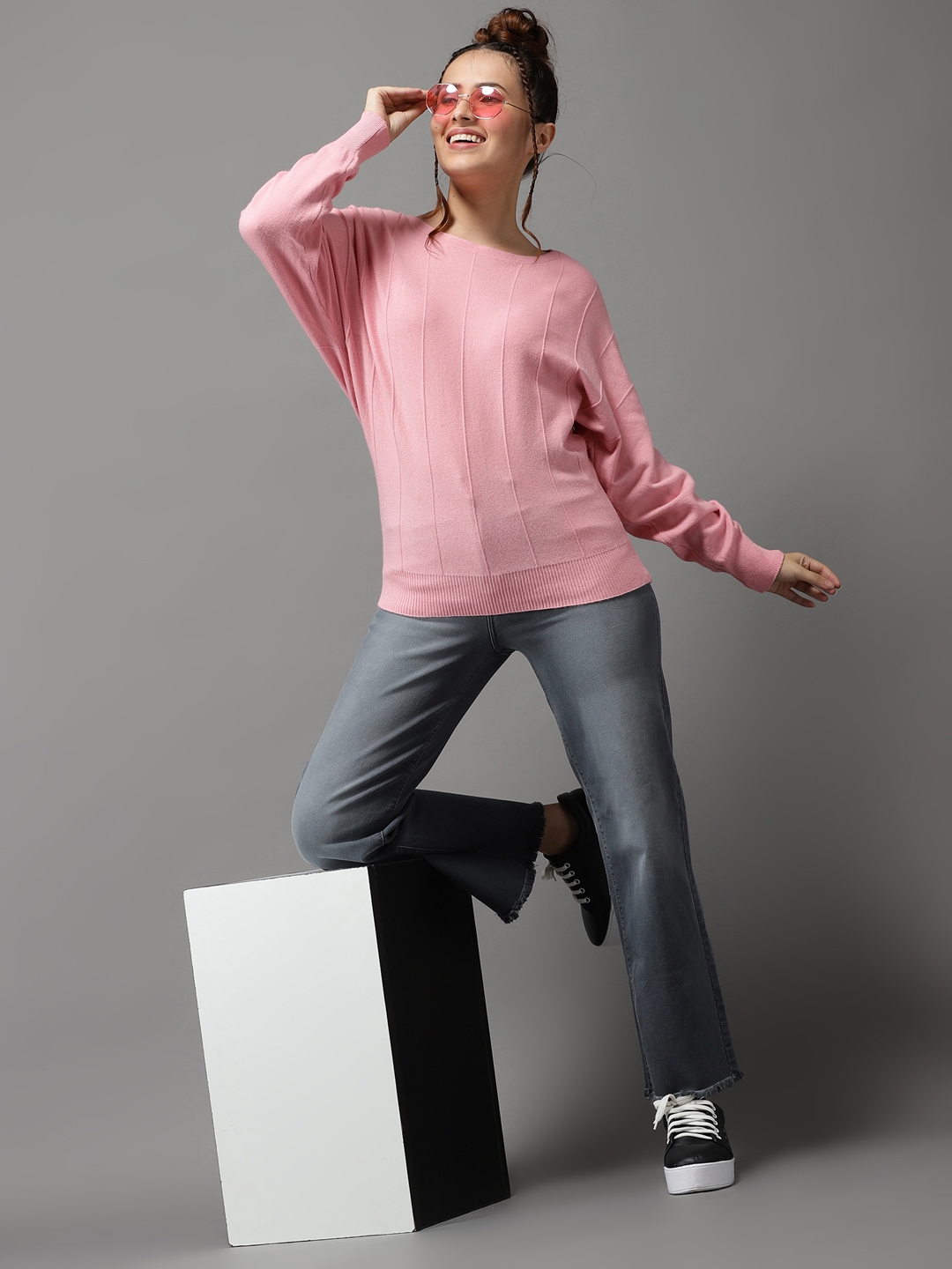 Showoff | SHOWOFF Women Pink Solid Hooded Full Sleeves Pullover Sweater 3