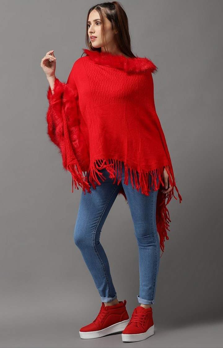 SHOWOFF Women Red Solid Boat Neck Sleeveless Long Poncho Sweater
