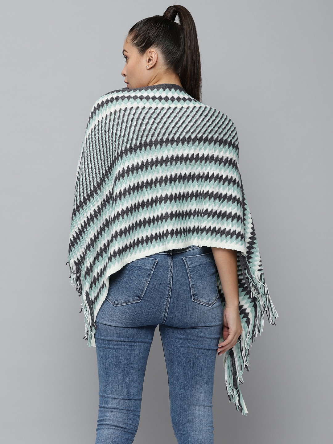 SHOWOFF Women Sea Green Self Design V Neck Sleeveless Long Poncho Sweater