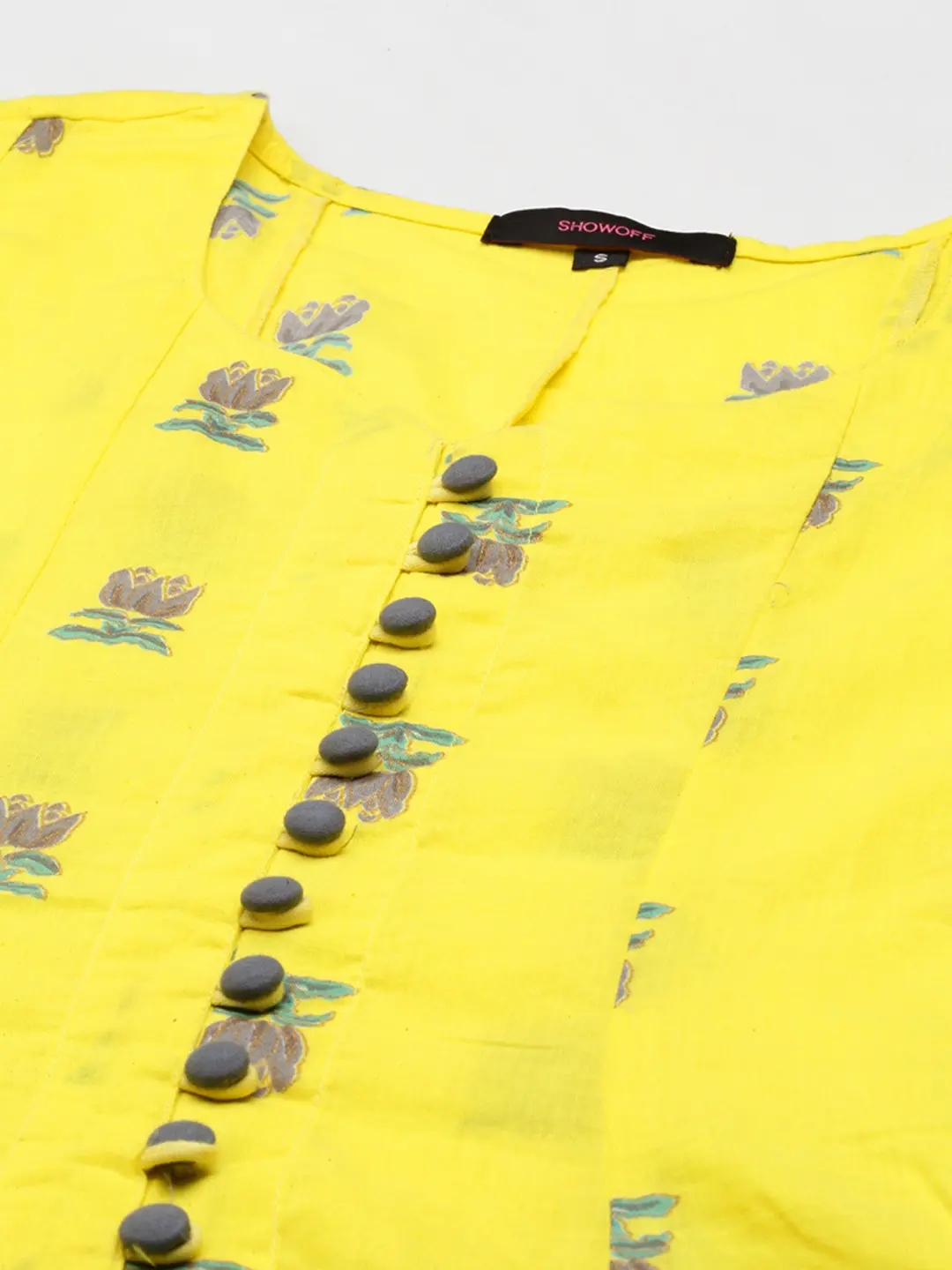 Showoff | SHOWOFF Women Yellow Printed  V Neck Three-Quarter Sleeves Knee length Anarkali Kurta Set 1