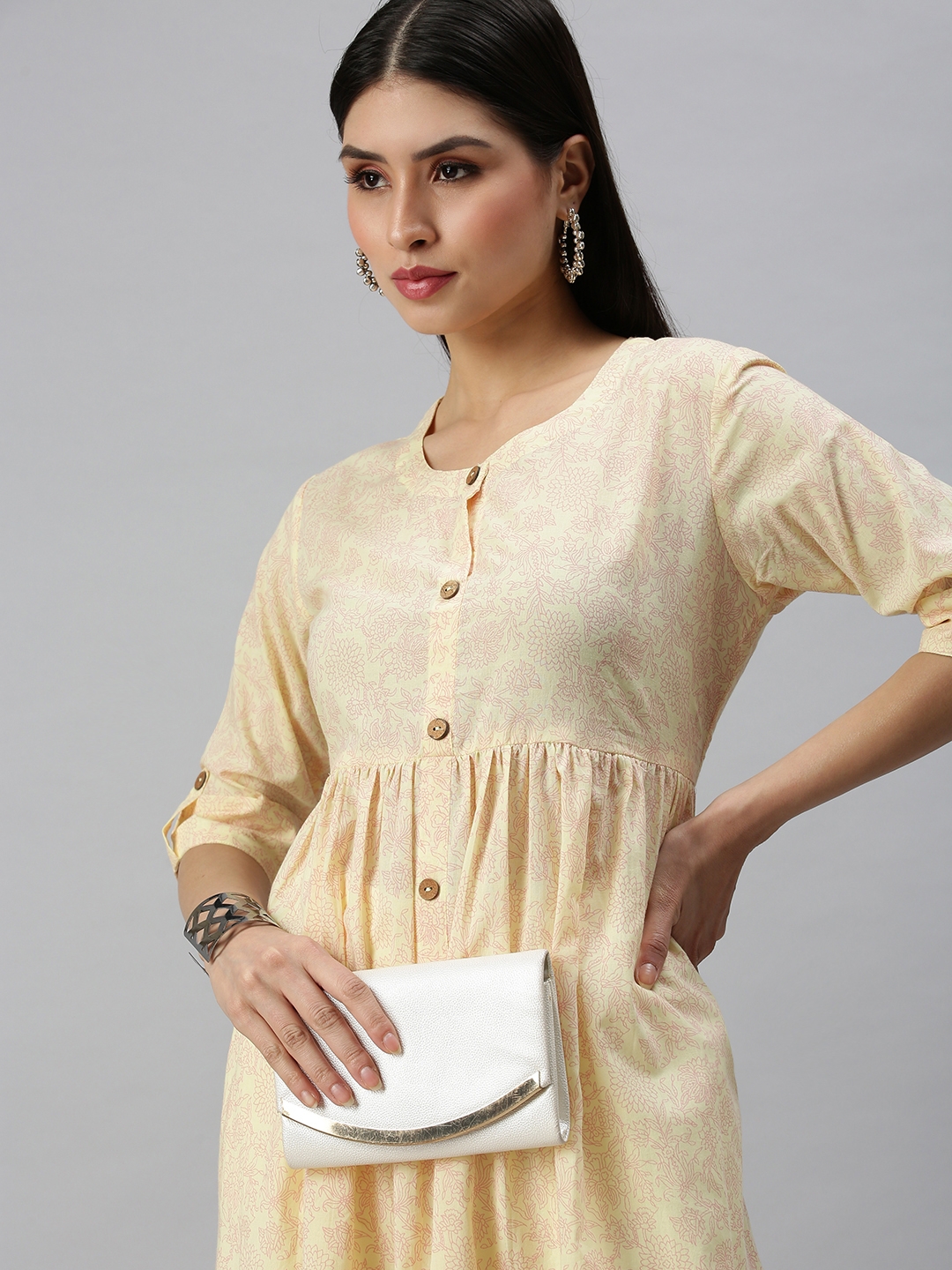 Showoff | SHOWOFF Women Yellow Floral Round Neck Three-Quarter Sleeves Long A-Line Kurta 0