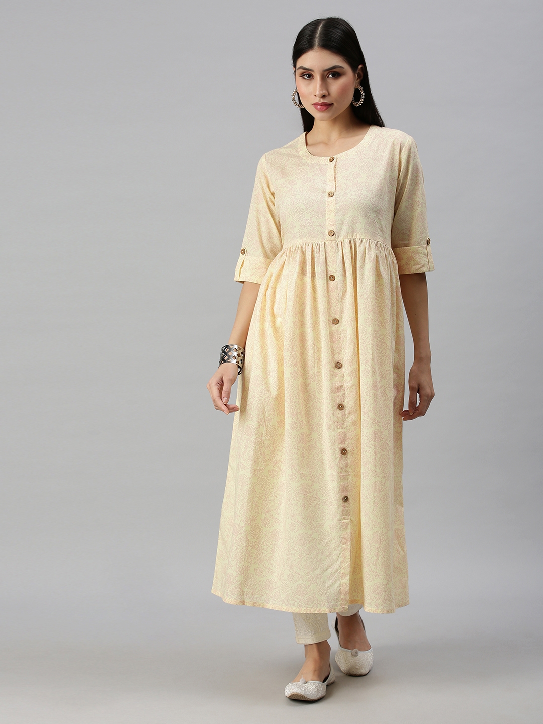 Showoff | SHOWOFF Women Yellow Floral Round Neck Three-Quarter Sleeves Long A-Line Kurta 1